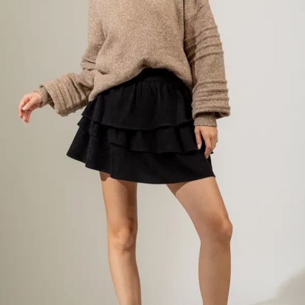 WOMEN’S Black Ruffle Layered Corduroy Solid A Line Mini Skirt